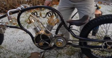 Steampunk air-powered motorcycle (video).